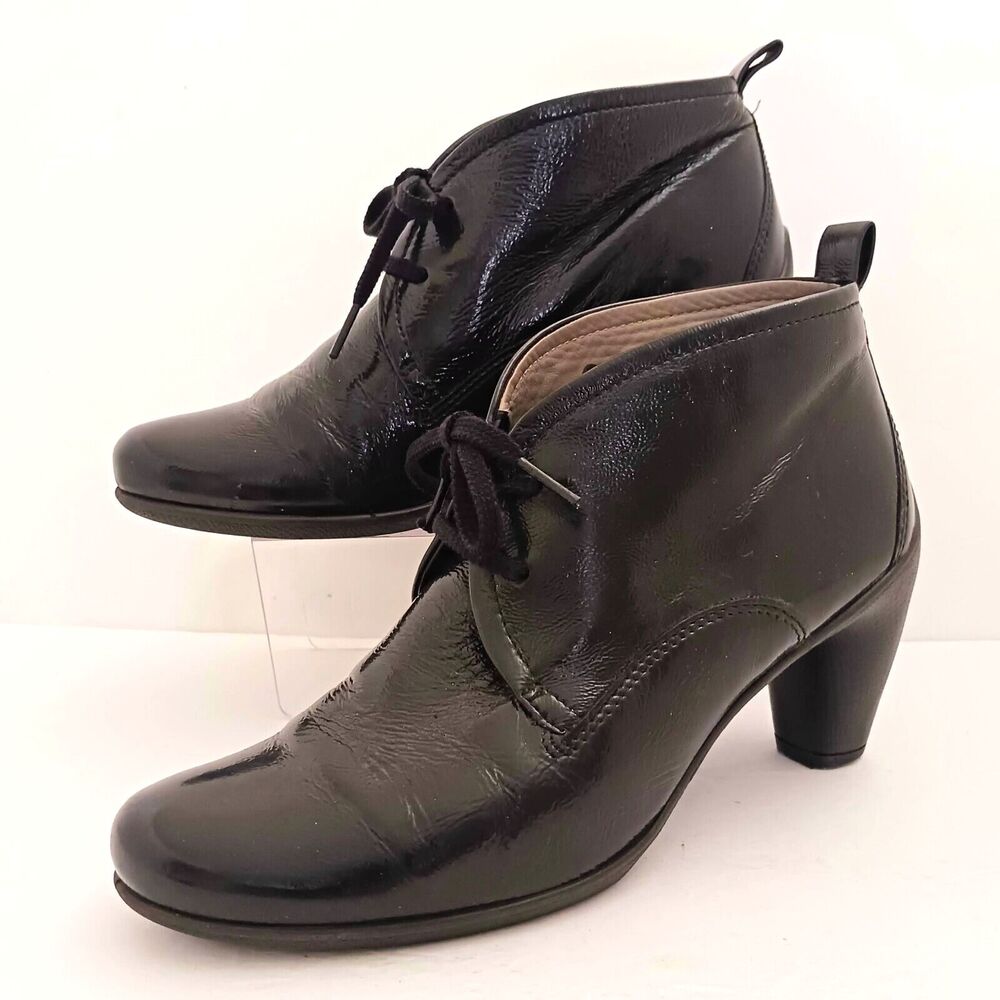 ECCO Blk Patent Leather Lace Up Bootie Sculpted Cone Heel EU 38 US 7-7.5